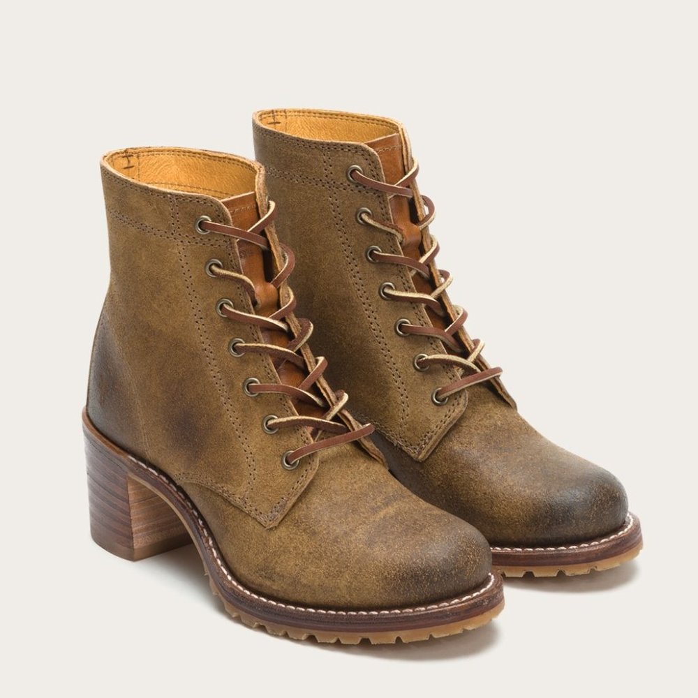 Frye Sabrina 6G Tan Suede/Leather Lace Up Wood Heeled Combat Moto Ankle Booties - Picture 3 of 16